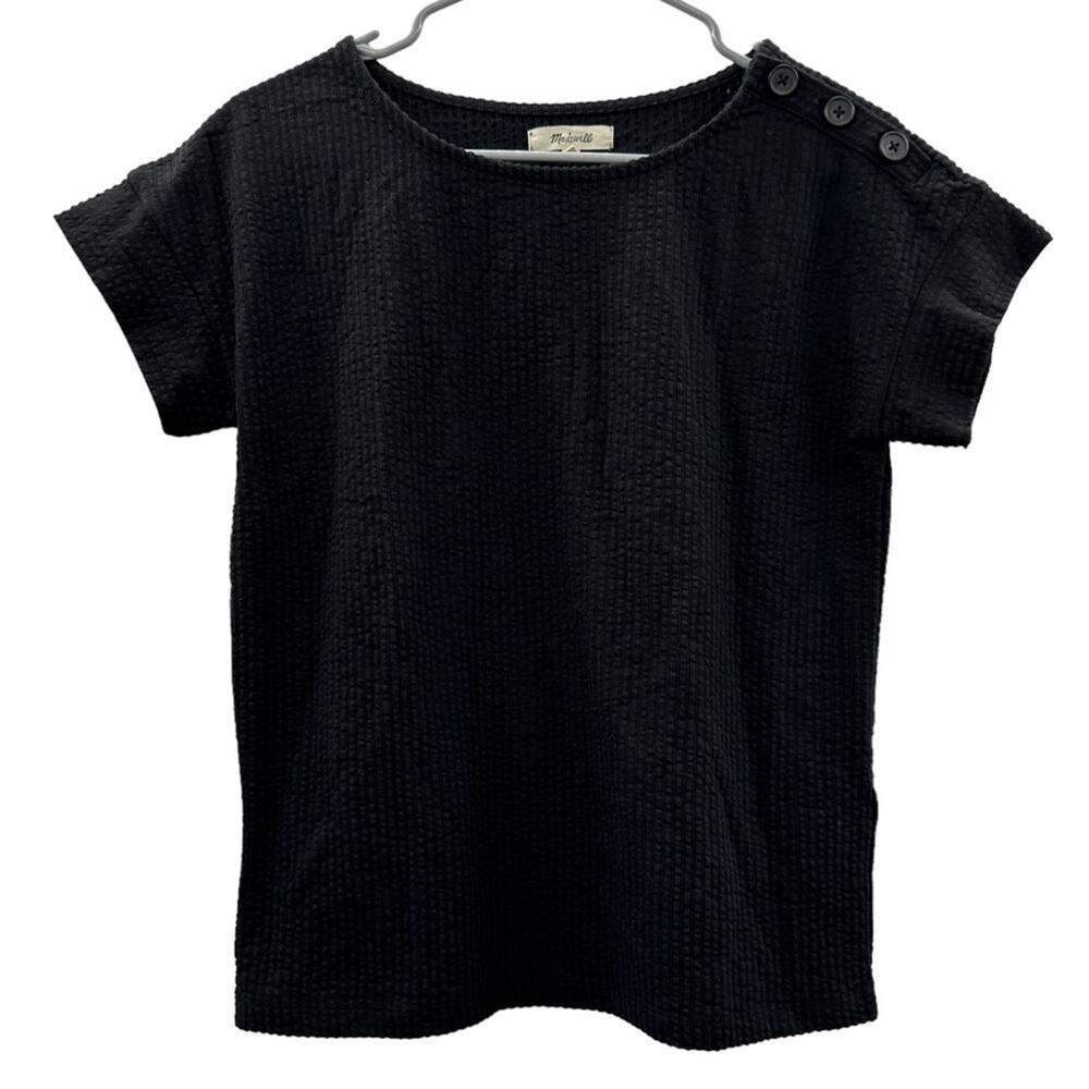 Madewell Seersucker Button-Shoulder Short Sleeve Top in Black Size XXS